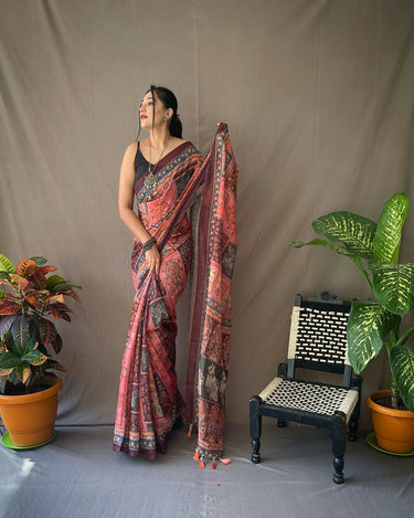 PEACH  SOFT COTTON KALAMKARI PRINTS SAREE 