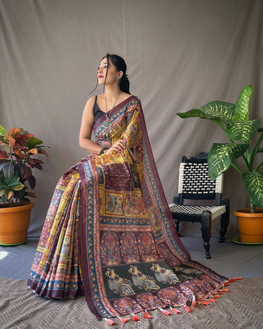 YELLOW  SOFT COTTON KALAMKARI PRINTS SAREE   2