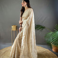 OFF WHITE PURE RUHI SILK SAREE WITH ALL OVER JAL WORK 2