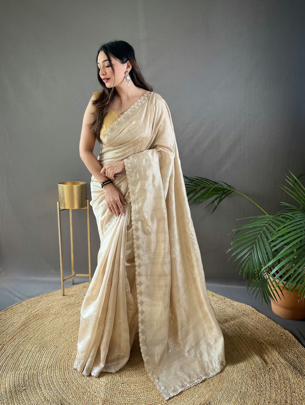 OFF WHITE PURE RUHI SILK SAREE WITH ALL OVER JAL WORK 