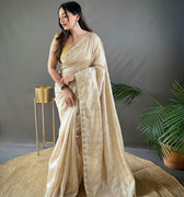 OFF WHITE PURE RUHI SILK SAREE WITH ALL OVER JAL WORK 
