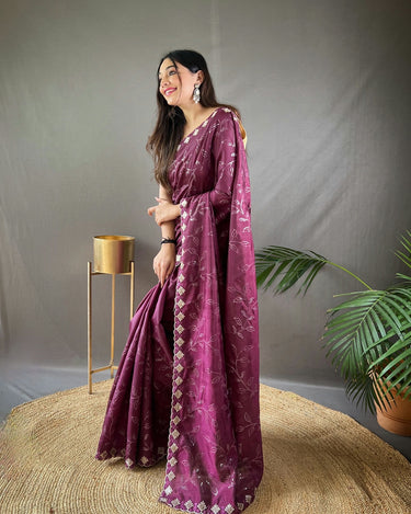 WINE  PURE RUHI SILK SAREE WITH ALL OVER JAL WORK 2