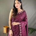 WINE  PURE RUHI SILK SAREE WITH ALL OVER JAL WORK 1