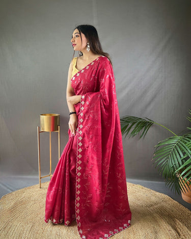 RED  PURE RUHI SILK SAREE WITH ALL OVER JAL WORK