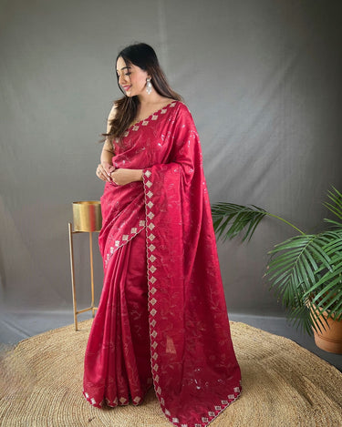 RED  PURE RUHI SILK SAREE WITH ALL OVER JAL WORK 2