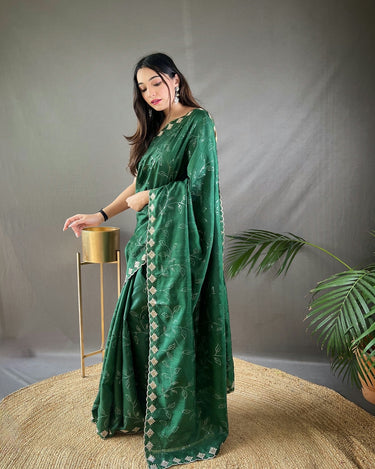 GREEN PURE RUHI SILK SAREE WITH ALL OVER JAL WORK 
