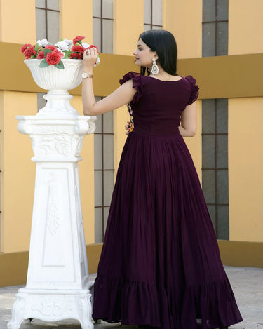 Wine Colour Faux Blooming Sleeveless Gown 6
