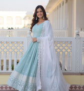 Designer Sky Blue Georgette Dress with Sequins Embroidery