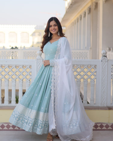 Designer Sky Blue Georgette Dress with Sequins Embroidery