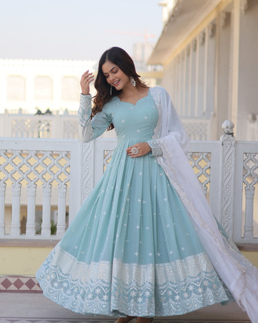 Designer Sky Blue Georgette Dress with Sequins Embroidery 5