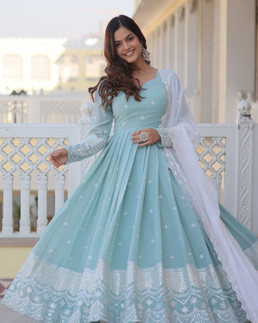 Designer Sky Blue Georgette Dress with Sequins Embroidery 1