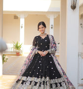 Black Colour Designer Georgette Gown with Tabby Silk Dupatta