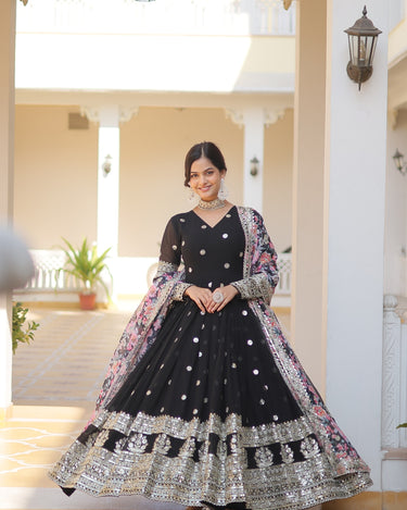 Black Colour Designer Georgette Gown with Tabby Silk Dupatta