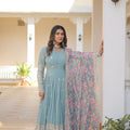 Sky Colour Designer Georgette Gown with Tabby Silk Dupatta 