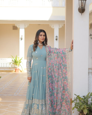 Sky Colour Designer Georgette Gown with Tabby Silk Dupatta 