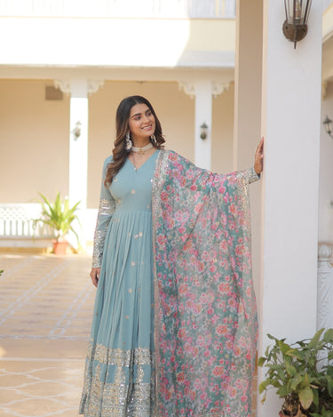 Sky Colour Designer Georgette Gown with Tabby Silk Dupatta  4