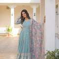 Sky Colour Designer Georgette Gown with Tabby Silk Dupatta  2