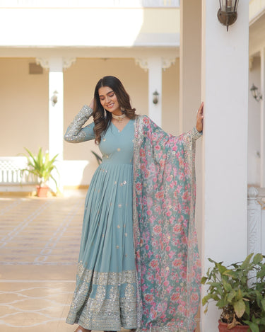 Sky Colour Designer Georgette Gown with Tabby Silk Dupatta  2