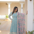 Sky Colour Designer Georgette Gown with Tabby Silk Dupatta  1