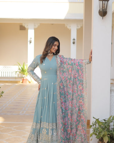 Sky Colour Designer Georgette Gown with Tabby Silk Dupatta  1