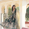 Digital printed Russian silk With Embroidery Zari Sequins-work Gown 