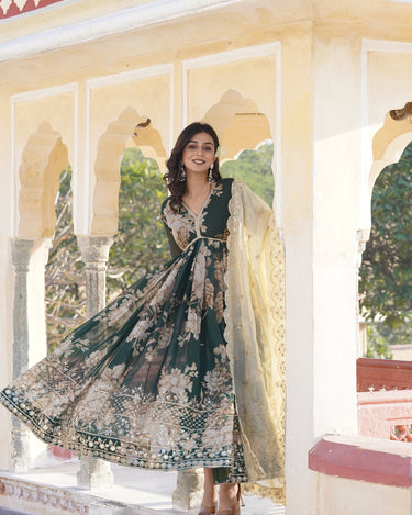 Digital printed Russian silk With Embroidery Zari Sequins-work Gown 