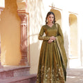 Mehndi Colour Viscose Cosmos With Embroidery Zari Sequins-work Gown 2