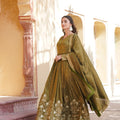 Mehndi Colour Viscose Cosmos With Embroidery Zari Sequins-work Gown 1