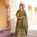 Mehndi Colour Viscose Cosmos With Embroidery Zari Sequins-work Gown 3
