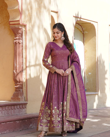 Wine Colour Viscose Cosmos With  Embroidery Zari Sequins-work Gown 3