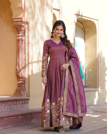 Wine Colour Viscose Cosmos With  Embroidery Zari Sequins-work Gown 5