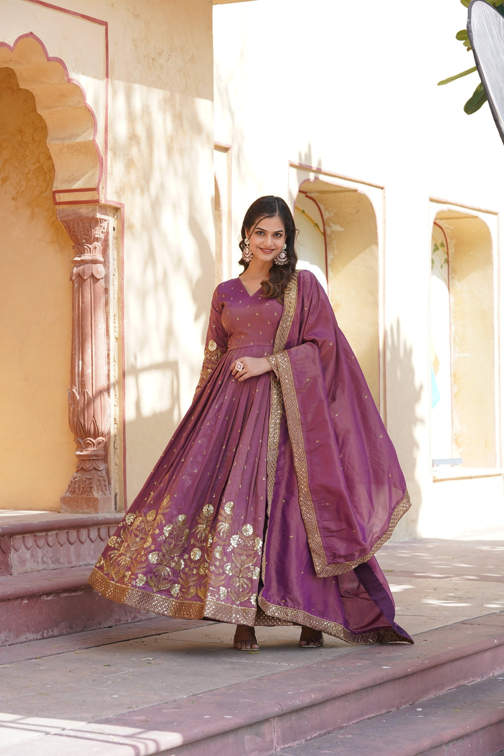 Wine Colour Viscose Cosmos With  Embroidery Zari Sequins-work Gown 