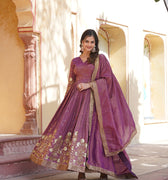 Wine Colour Viscose Cosmos With  Embroidery Zari Sequins-work Gown 