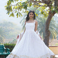 WHITE Faux blooming With Sequins Embroidered work Gown