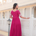 Pink Colour Full Flare Faux Blooming with Embroidery Sequins-Work Gown 5