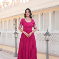 Pink Colour Full Flare Faux Blooming with Embroidery Sequins-Work Gown 1