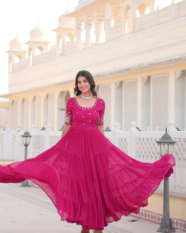 Pink Colour Full Flare Faux Blooming with Embroidery Sequins-Work Gown 2