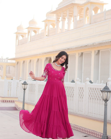 Pink Colour Full Flare Faux Blooming with Embroidery Sequins-Work Gown 3