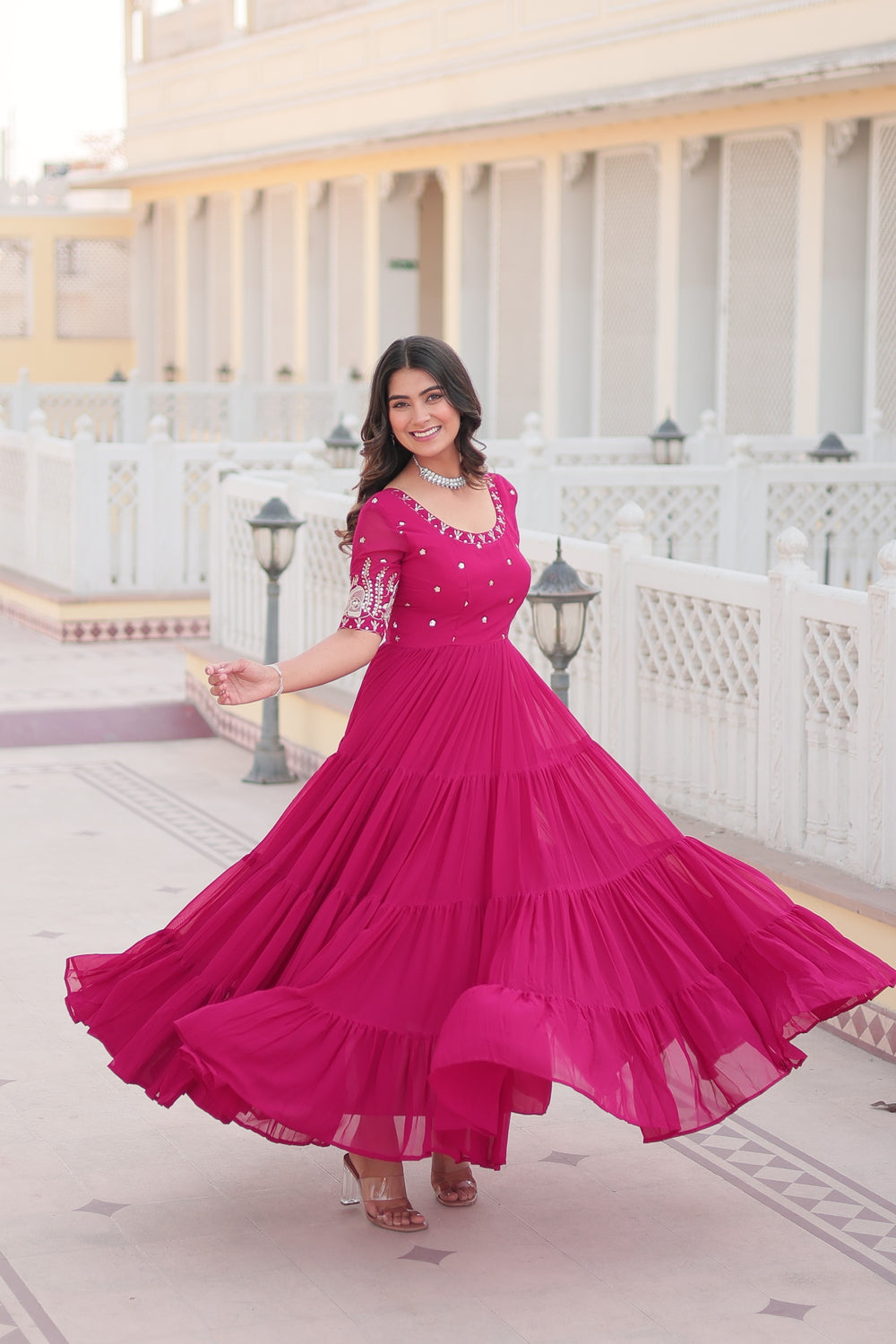 Pink Colour Full Flare Faux Blooming with Embroidery Sequins-Work Gown