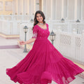 Pink Colour Full Flare Faux Blooming with Embroidery Sequins-Work Gown