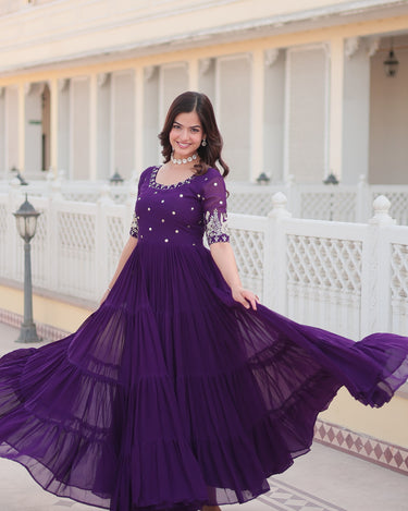 Purple Colour Full Flare Faux Blooming with Embroidery Sequins-Work Gown 5