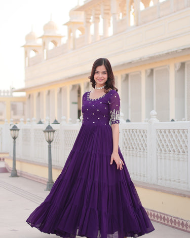 Purple Colour Full Flare Faux Blooming with Embroidery Sequins-Work Gown 1