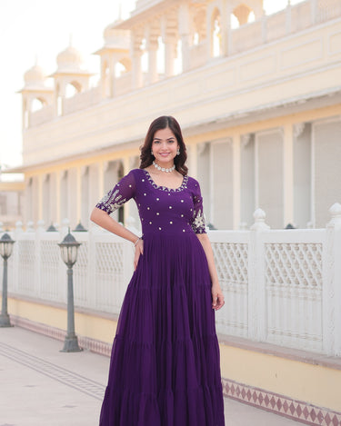 Purple Colour Full Flare Faux Blooming with Embroidery Sequins-Work Gown 2