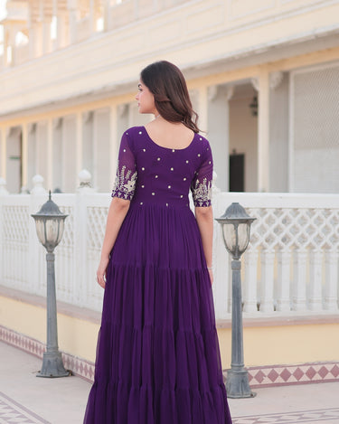 Purple Colour Full Flare Faux Blooming with Embroidery Sequins-Work Gown 7