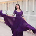 Purple Colour Full Flare Faux Blooming with Embroidery Sequins-Work Gown 4
