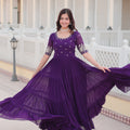 Purple Colour Full Flare Faux Blooming with Embroidery Sequins-Work Gown