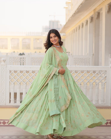 Pista Colour Ready Made Georgette Embroidery Work Gown