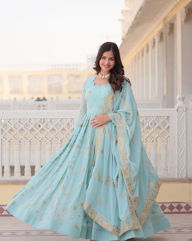 Sky Colour Ready Made Georgette Embroidery Work Gown 2