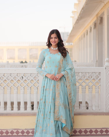 Sky Colour Ready Made Georgette Embroidery Work Gown 1