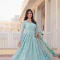 Sky Colour Ready Made Georgette Embroidery Work Gown